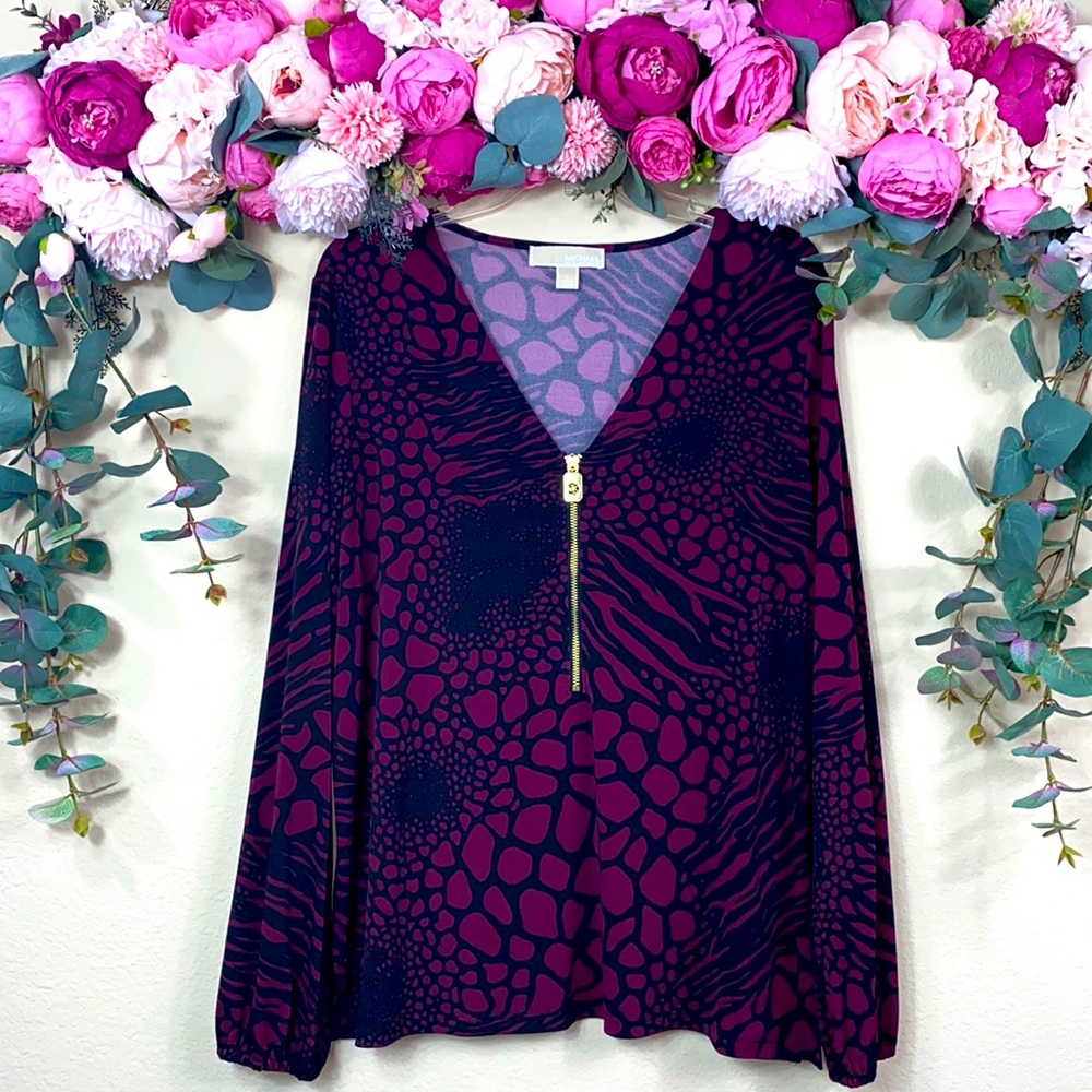 •michael kors• {Black & Maroon} V-neck [gold zip down] Long Sleeved Blouse